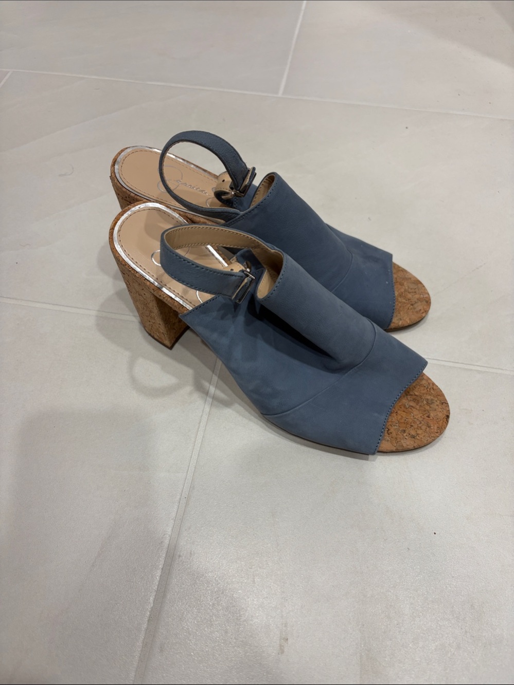 Jessica Simpson Blue Open-Toe Cork Block Heel Slingbacks